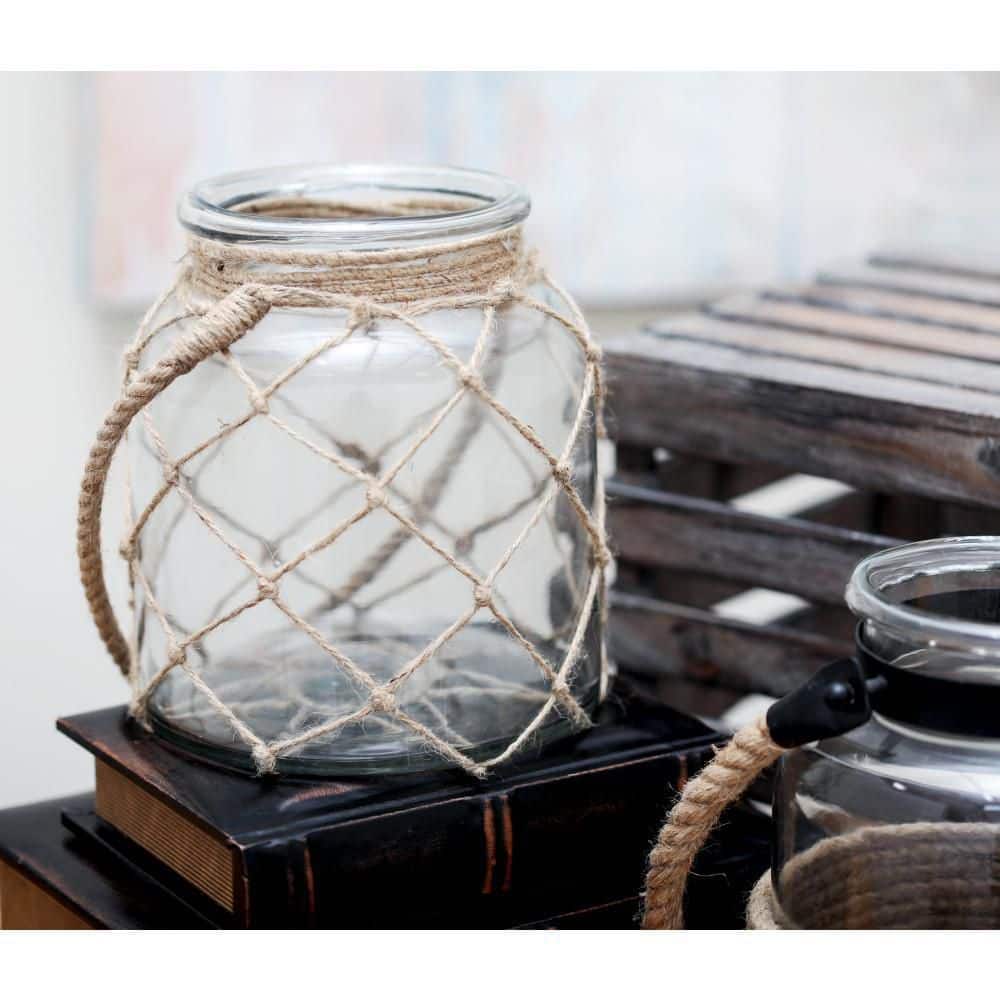 Coastal Charm Rustic Glass Candle Lantern with Jute Rope, 7"x8"