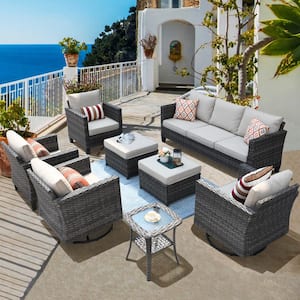 Megon Holly Gray 8-Piece Wicker Patio Conversation Seating Sofa Set with Beige Cushions and Swivel Rocking Chairs