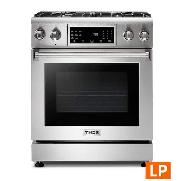 Thor Kitchen Tilt Panel 30-in 4 Burners Freestanding Gas Range with self-cleaning convection oven in Stainless Steel (LP model)