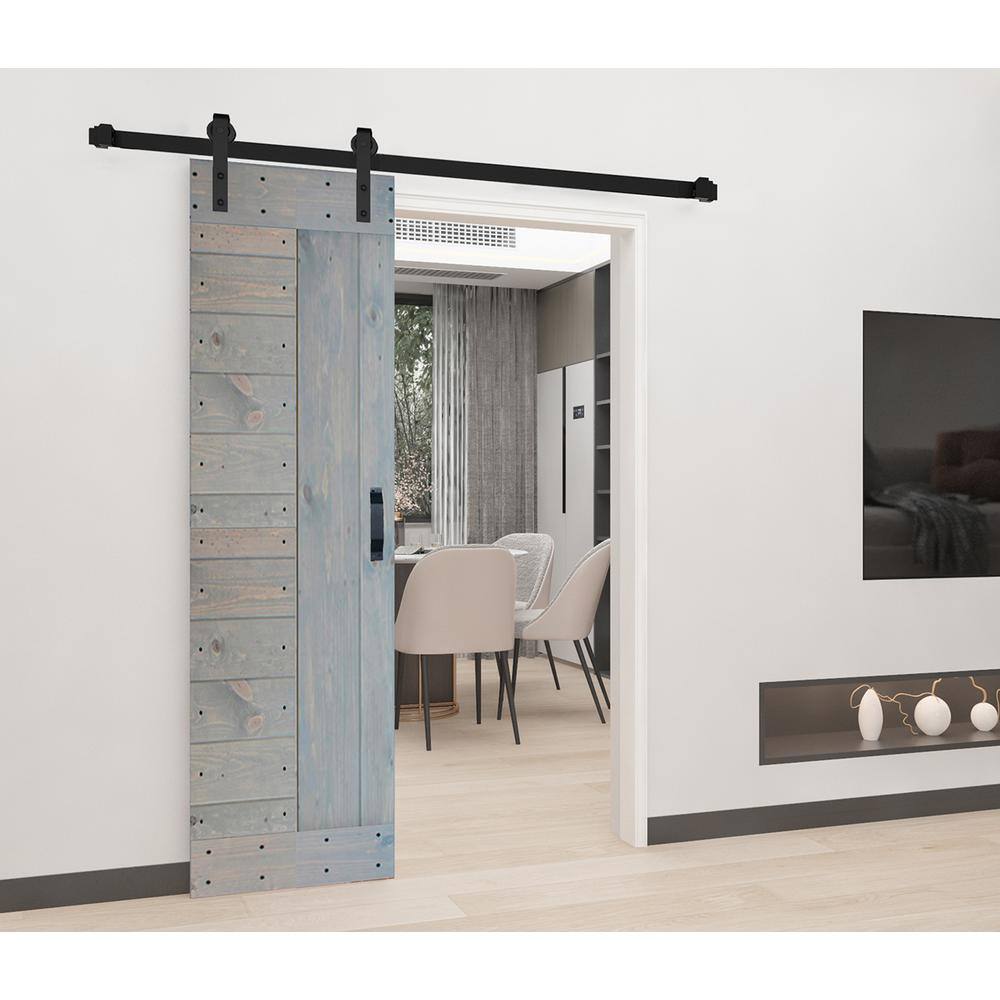 French Gray Paneled Solid Wood Sliding Barn Door Kit with Black Hardware