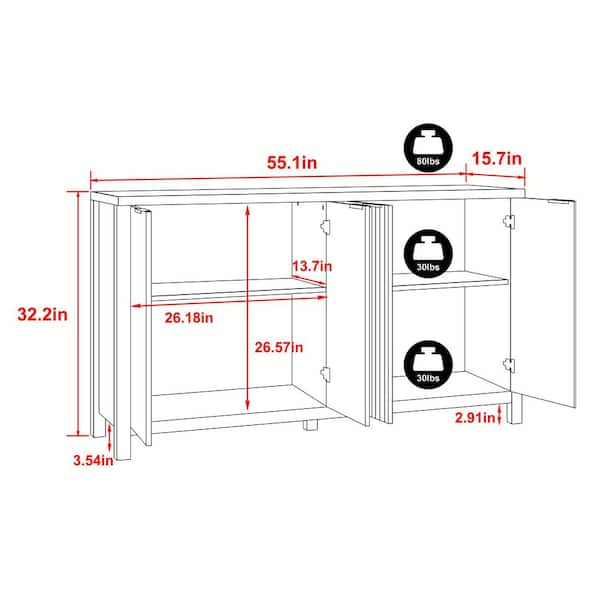 55 in. Wood Color Accent Buffet Cabinet with Storage, Particle Board Top Kitchen Cabinet with Fluted Doors