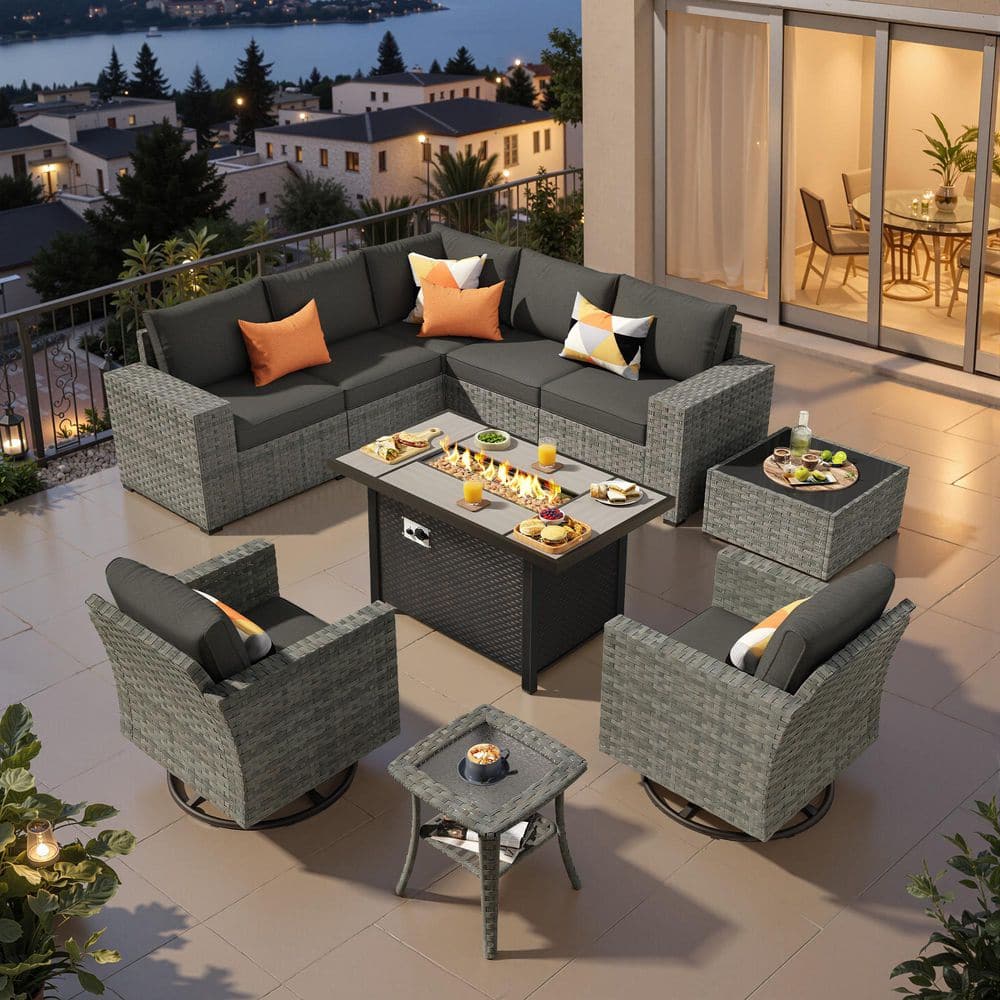 Lullaby 10-Pieces Wicker Outdoor Patio 42 in. Rectangular Fire Pit Set and Swivel Rocking Chairs with Black Cushions price history on PriceWatchPro