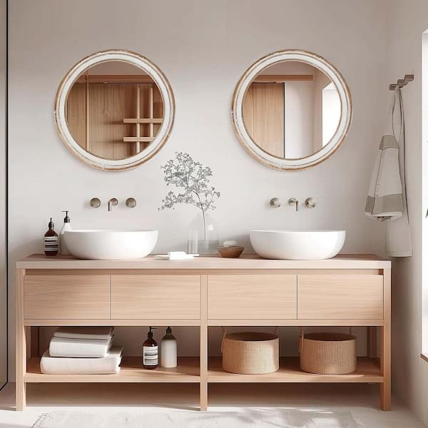 White 31.5 in W x 31.5 in H Round Farmhouse Wall Mirror with Distressed Wood Frame, Decorative Circle Mirror Bathroom