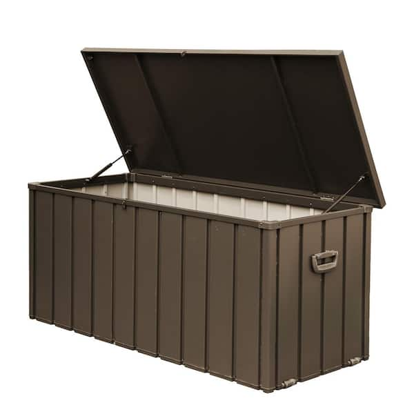 160 Gal. Outdoor Deck Box, Waterproof Lockable Steel Storage Container for Outside Cushions, Garden Tools, Brown