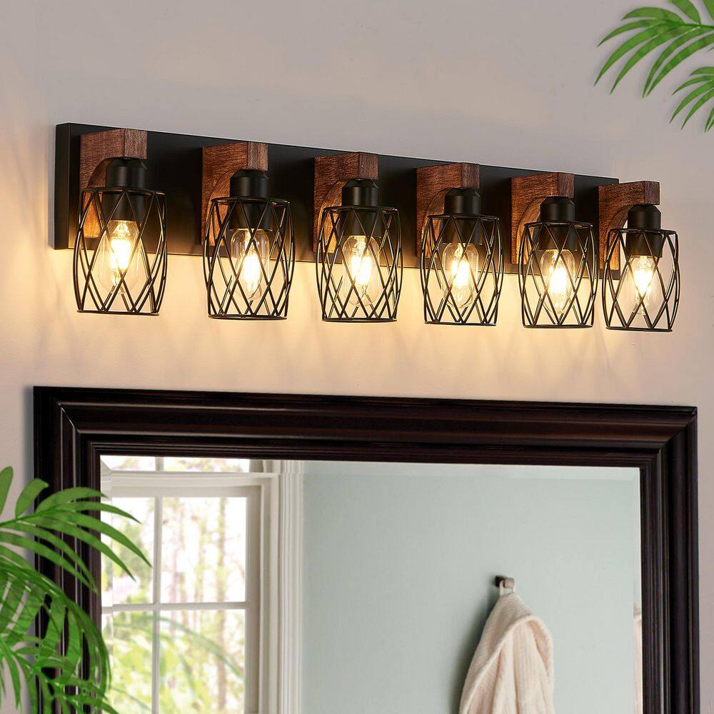 38 in. 6-Light Black Vanity Light with Wood Accents and Drum Metal Cage Shade price history on PriceWatchPro