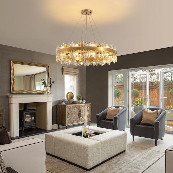 39.4 in. Modern 24-Light Brass Gold Crystal Chandelier Circle Round 2-Tiers Chandelier for Dining Living Room Bedroom