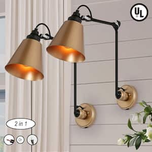 Brass 6 in. 1 Light Modern Transitional Wall Sconce for Study Room, Plug-in/Hardwired Swing Arm Wall Lamp, Set of 2