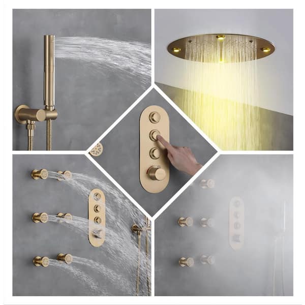 Luxury 2-Spray Ceiling Mounted Dual Fixed and Handheld Shower Head 1.8 GPM in BBrushed Gold with Thermostatic Valve