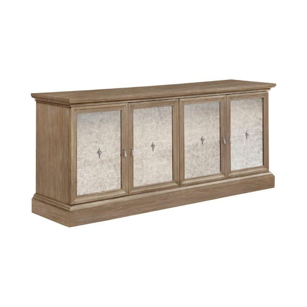 Benjara Brown Wood Top 79.25 in. Sideboard with 4-Doors and Mirrored Panels