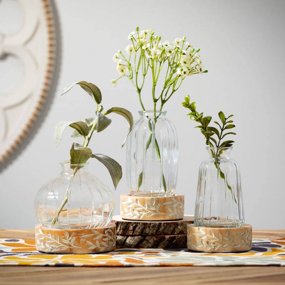 Embossed Glass and Wood Vase Set with Leaf Pattern, 3-Piece