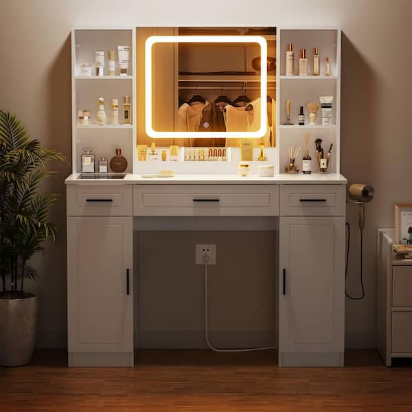 Hommpa 3-Drawers White Makeup Vanity Desk with LED Lighted Mirror, Power Strip, 2-Cabinets and 6-Tier Storage Shelves