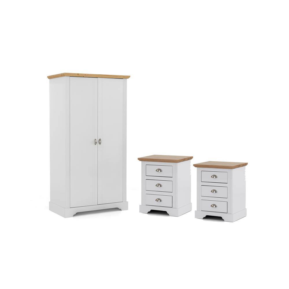 Herval 2Nightstand and 1Wardrobe in White Solid Wood with a Pine Wood