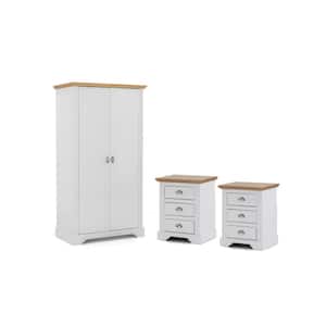 2-Nightstand and 1-Wardrobe in White Solid Wood with a Pine Wood Top