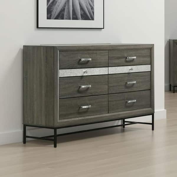 Benjara Lito Gray and Silver 6-Drawer 58 in. Dresser without Mirror BM339404