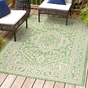 Sinjuri Medallion Textured Weave Cream/Green 3 ft. x 5 ft. Indoor/Outdoor Area Rug