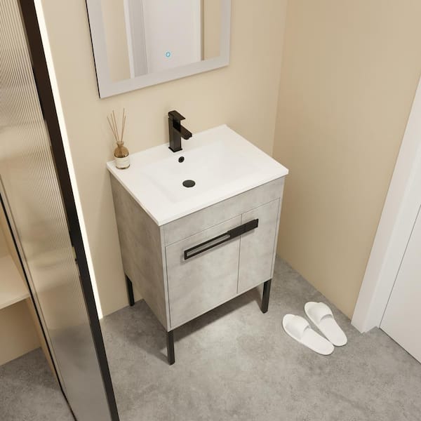 24 in. W x 18.3 in. D x 35 in. H Freestanding Bath Vanity in Cement Grey with White Ceramic Single Sink Top