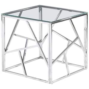 Edward 22 in. Silver Glass with Stainless Steel Square End Table