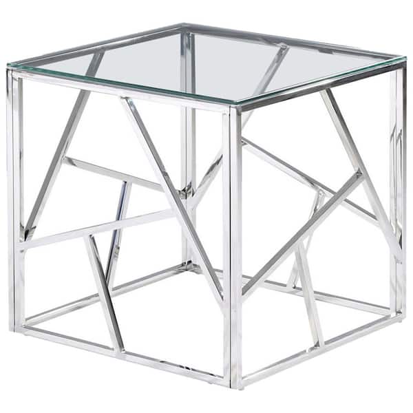 Best Master Furniture Edward 22 in. Silver Glass with Stainless Steel Square End Table