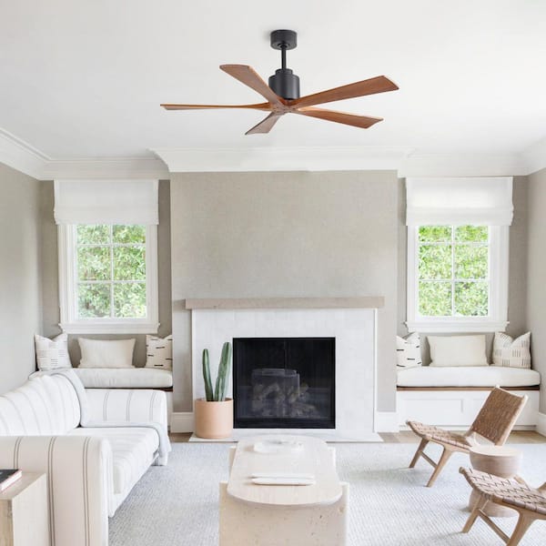 52 in. Matte Black Walnut Wood Blades Downrod Mount Standard Ceiling Fan without Light , 6-Speed Remote Control