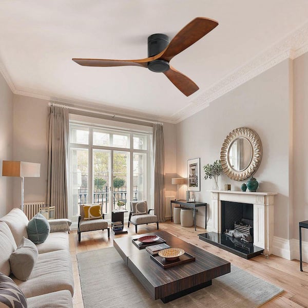 52 in. Brown Wood Reversible DC Motor Flush Mount Standard Ceiling Fan with Remote Control No Light