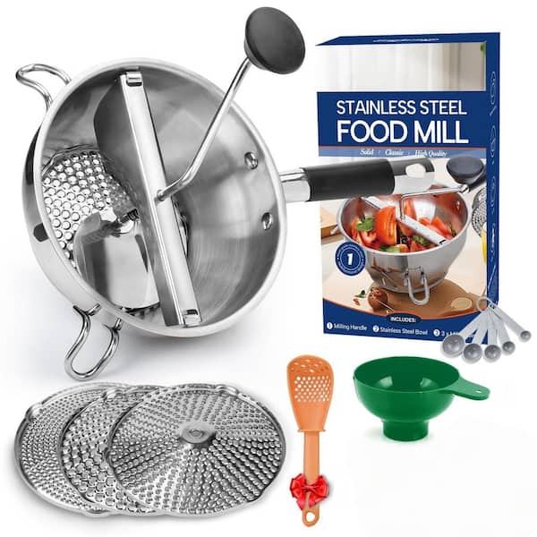 Stainless Steel Food Mills With 3 Milling Discs, Silicone Handle and Multifunctional Spoon, Dishwasher Safe, Ergonomic