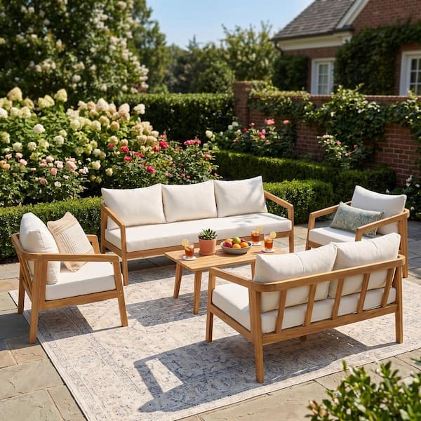 Sudzendf Natural 5-Piece Acacia Wood Patio Conversation Set with Beige ...