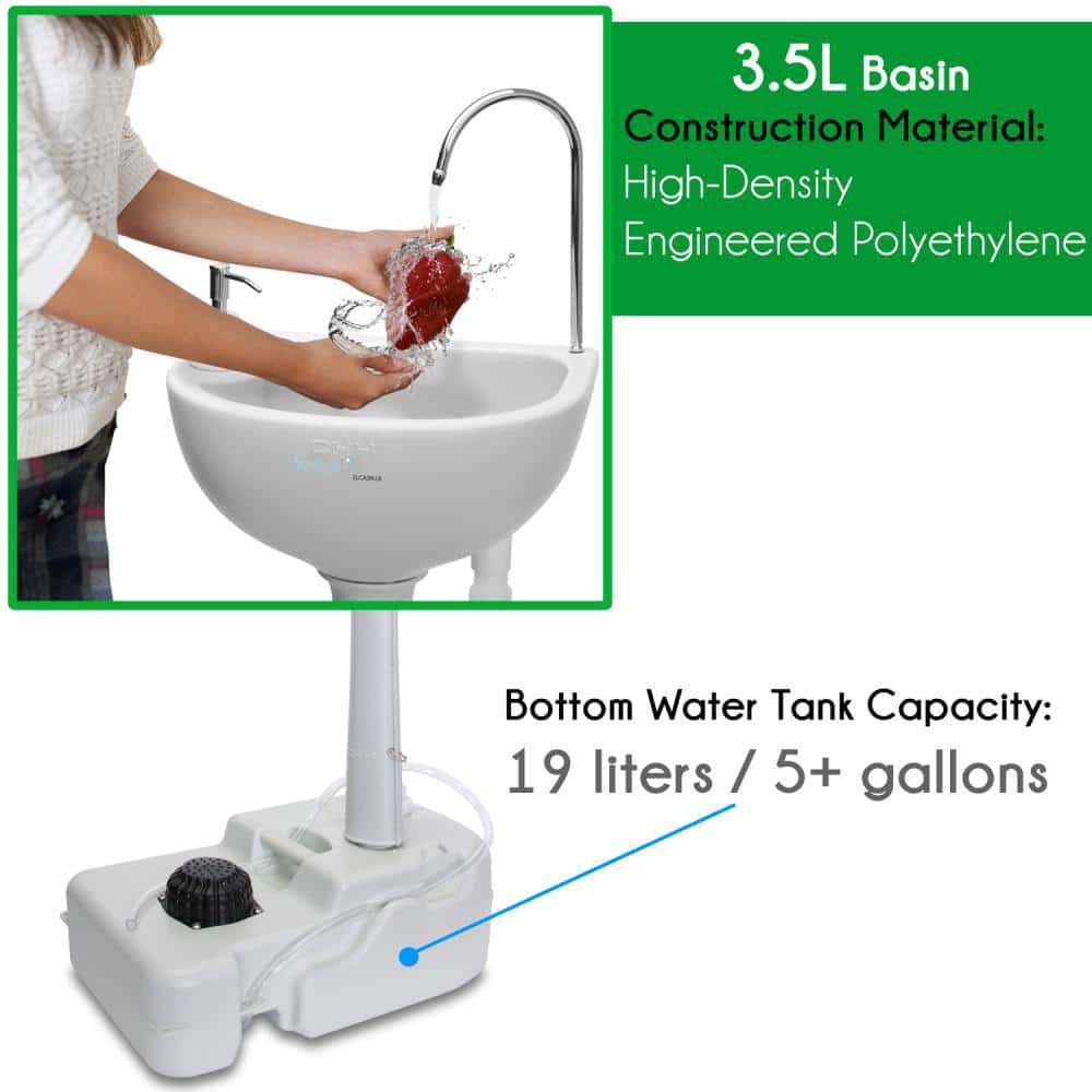 SereneLife White Portable Camping Sink with Foot Pump and Soap Dispenser