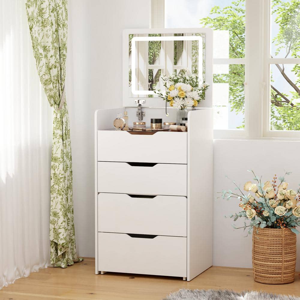 3-Drawer White Wood Makeup Vanity Set Dresser Table with Flip-Top Mirror, See-Through Glass Top, Lights, Stool - thumbnail 2