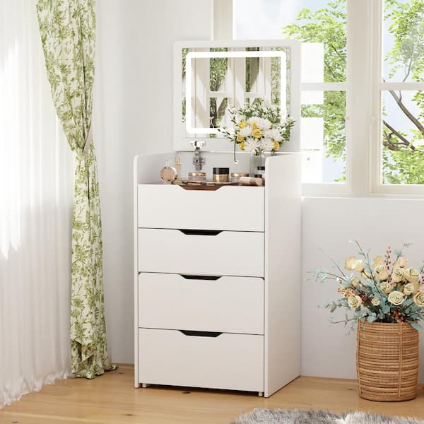 3-Drawer White Wood Makeup Vanity Set Dresser Table with Flip-Top Mirror, See-Through Glass Top, Lights, Stool