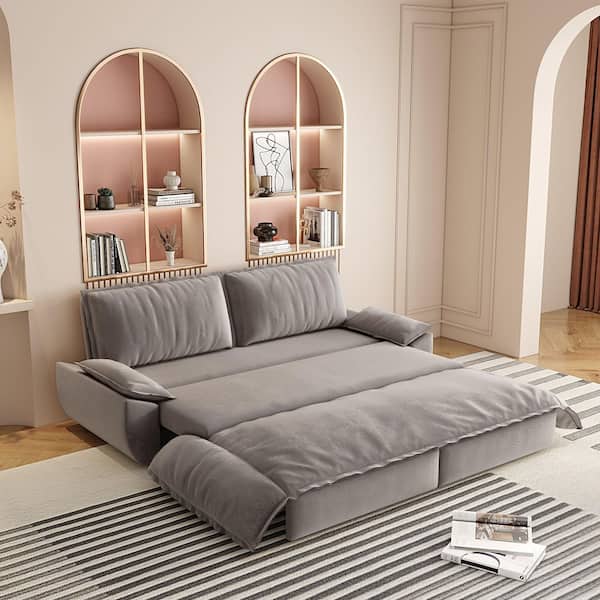 Harper & Bright Designs 3-in-1 Convertible Gray 73.2 in. Soft Velvet Queen Size Sofa Bed with 2-Soft Pillows