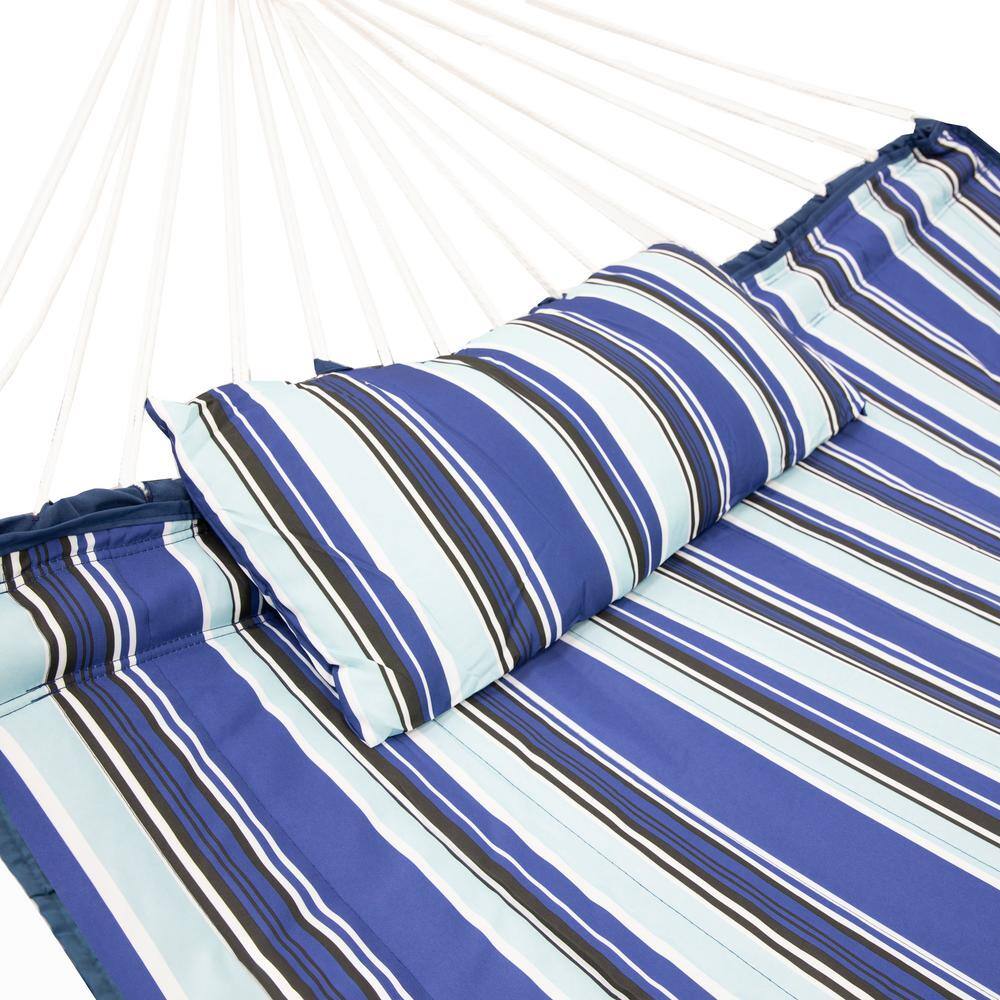 Blue and White Quilted Double Hammock with Metal Spreader Bars