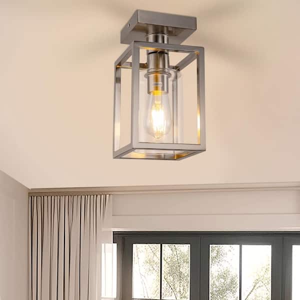 Nickel 1-Light Farmhouse Cage Semi Flush Mount Ceiling Light with Glass Shade for Living Room, Bedroom, Entryway