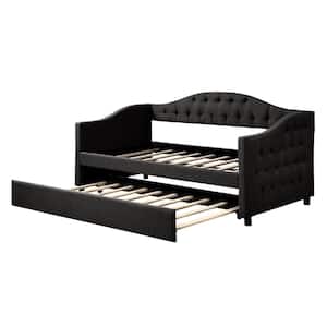 Black Upholstered Twin Size Daybed with Trundle, Tufted Button Details