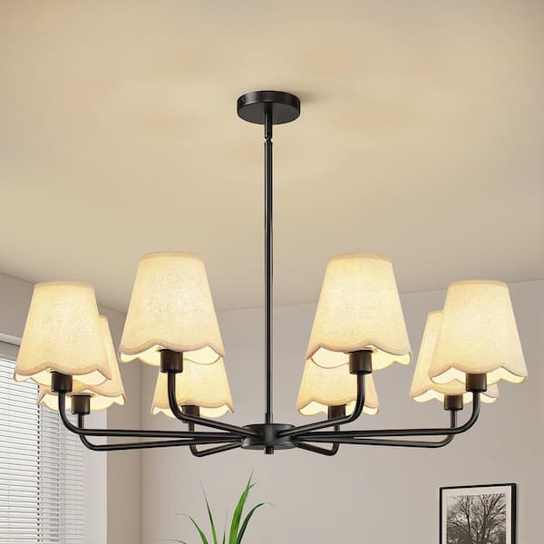 8 Light Farmhouse Black Rustic Round Hanging Chandelier For Kitchen Island With White Linen Shades, No Bulbs Included
