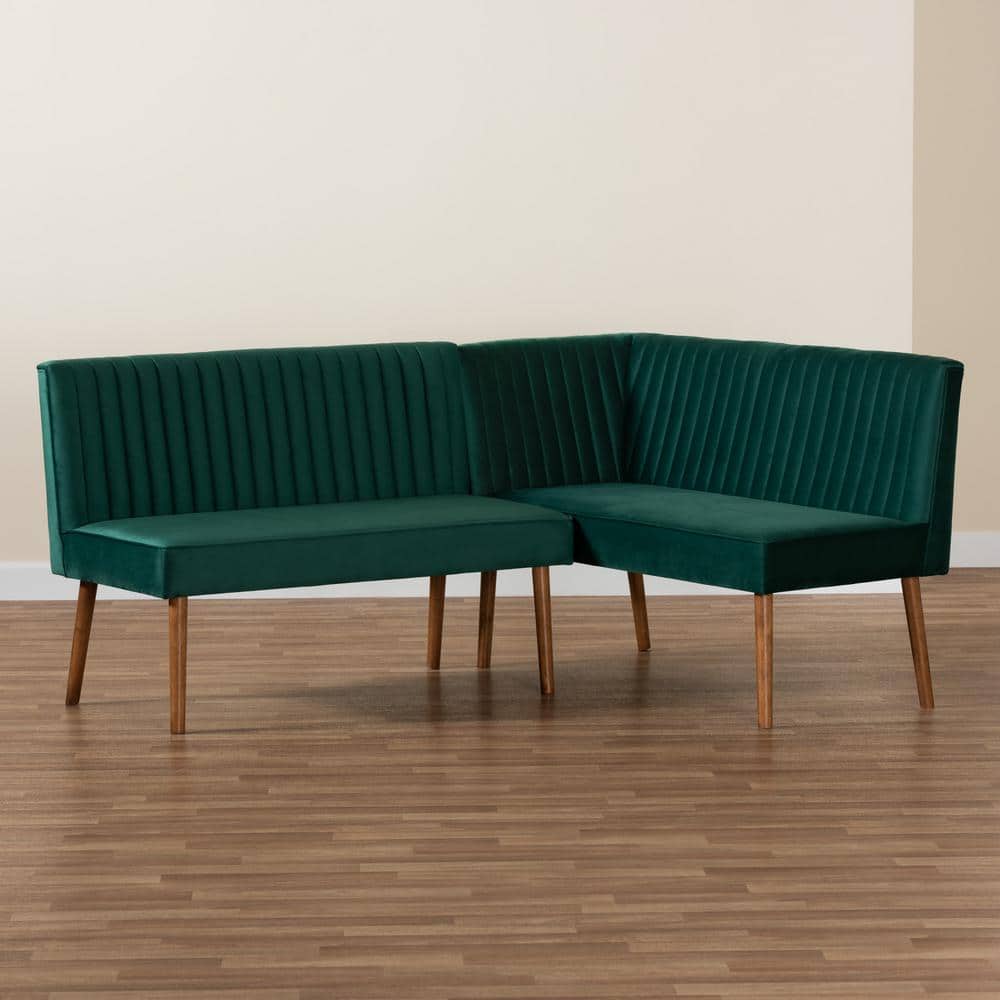 Emerald Green Velvet and Walnut Wood 2-Piece Dining Nook Set
