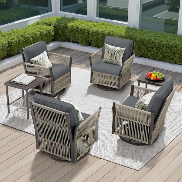 Buenaola Nyajiah 6-Piece Wicker Outdoor Rocking Chair Patio Swivel Lounge Chair Set with Gray Cushions