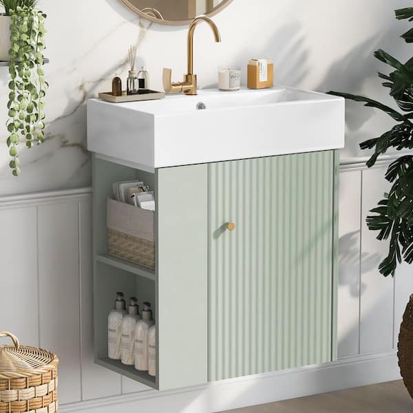 21.6 in. Sink Single Floating Green Bath Vanity with White Ceramic Top and Left Side Storage Unassembled