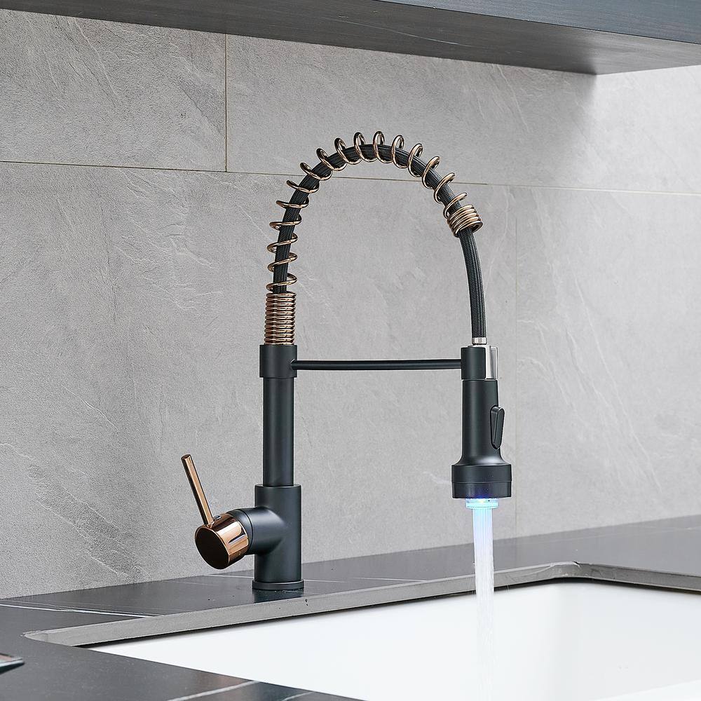 Matte Black and Rose Gold Pull Down Kitchen Faucet with LED Light