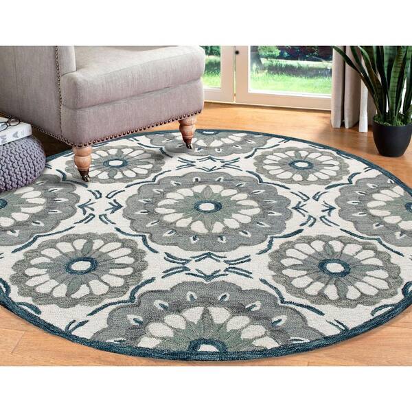 Bella Ivory/Gray 4 ft. 10 in. x 4 ft. 10 in. Eclectic Hand-Tufted Floral 100% Wool Round Area Rug