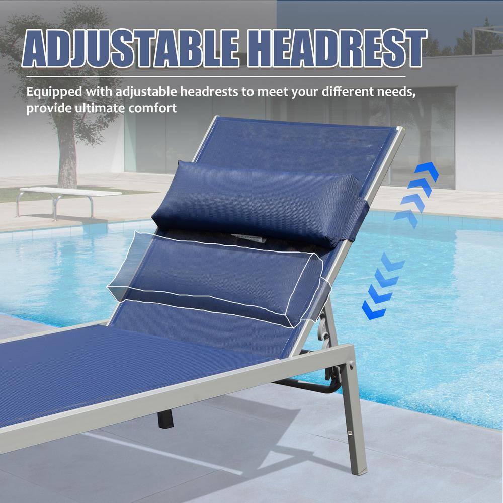 Navy Blue Aluminum Outdoor Adjustable Chaise Lounge Set with Side Table