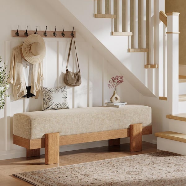 Beige & Oak Entryway Bench, 55 in. Modern Shoe Bench with Fabric Padded Seat and MDF Frame, End of Bed Stool for Bedroom