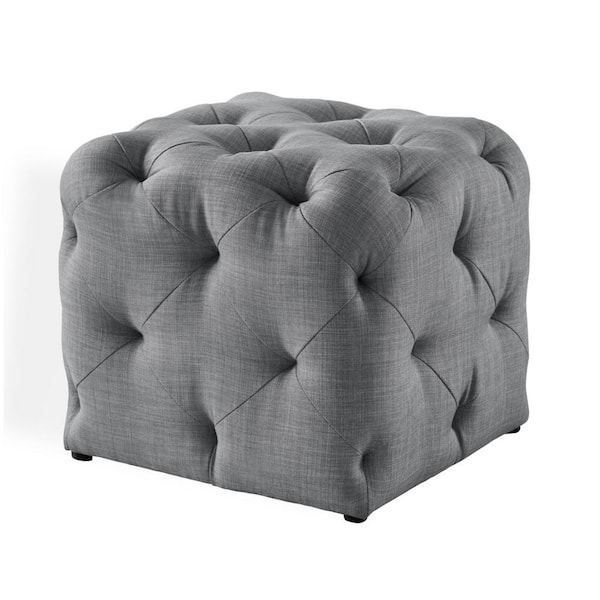 Inspired Home Genevieve Light Grey Cube Tufted Upholstered Linen Ottoman