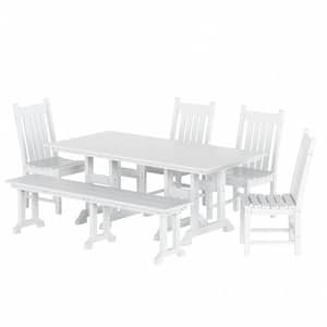 Hayes 6-Piece All Weather HDPE Plastic Rectangle Table Outdoor Patio Dining Set with Bench in White