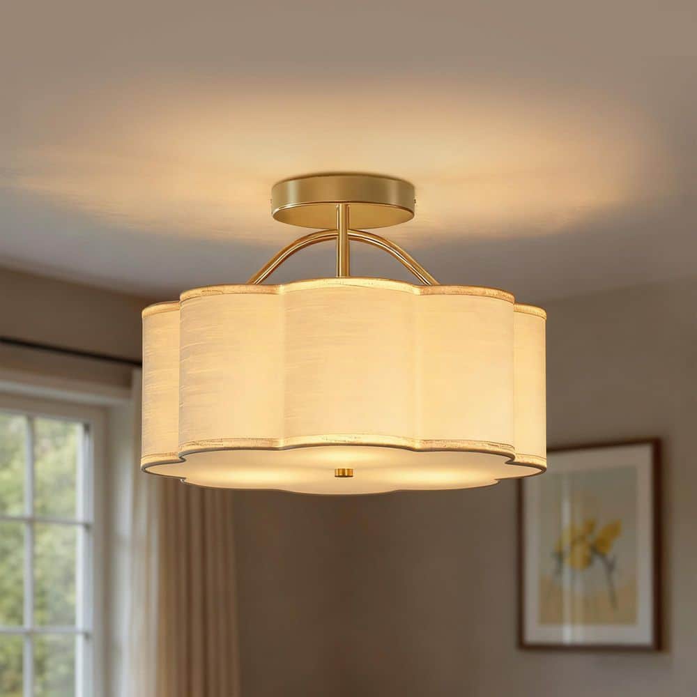 13 in. 3-Light Modern Gold Semi Flush Mount Ceiling Light,Ceiling Light with Fabric Flower Shade for Bedroom,Living Room price history on PriceWatchPro
