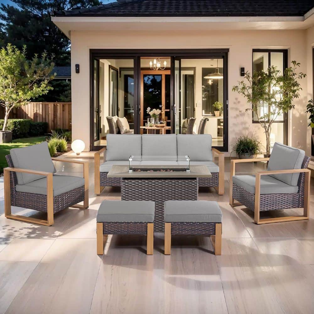 CubeEdge 6-Piece Brown Wicker Fire Pit Conversation Set with Olefin Gray Cushions and Couch/ Patio Lounge Chairs price history on PriceWatchPro