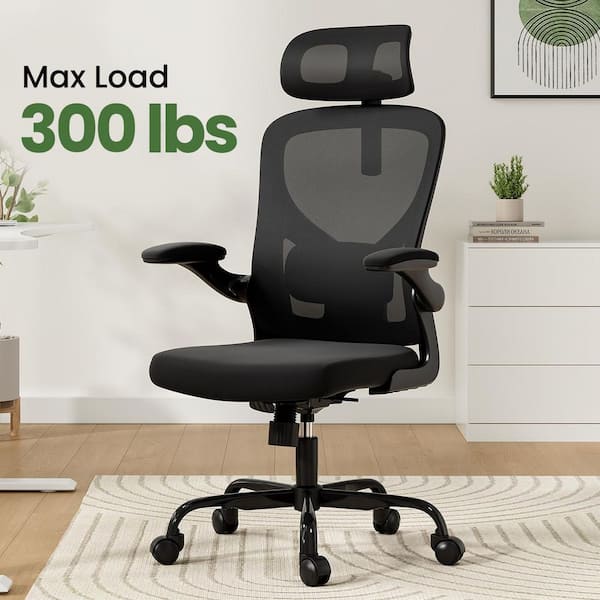 Polyester Adjustable Lumbar Support Ergonomic Office Chair in Black-1 with Adjustable Ams and Headrest, High Back Mesh
