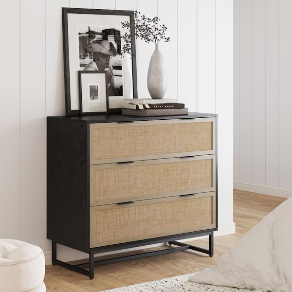 Nathan James Kova Black Oak Bohemian 3-Drawer Dresser with Rattan Accent and Metal Legs, 37 in. Chest of Drawers