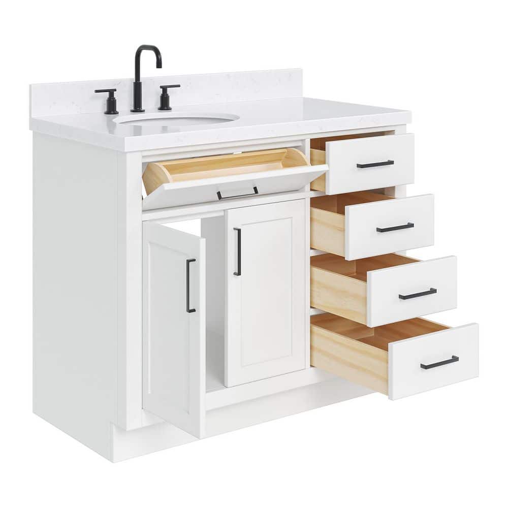 Sidmouth 42'' Solid Wood Single Bathroom Vanity with 1.5'' Carrara Quartz Top, Left Offset Oval Sink