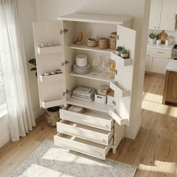 White 70.1 in. H 2-Door Kitchen Pantry Organizer, Luxurious Wood Storage Cabinet with 6-Door Shelves and 3-Drawers