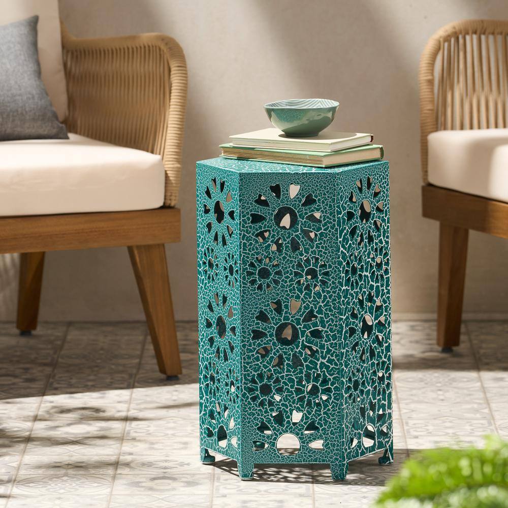 Teal Hexagon Iron Sunburst Outdoor Patio Side Table